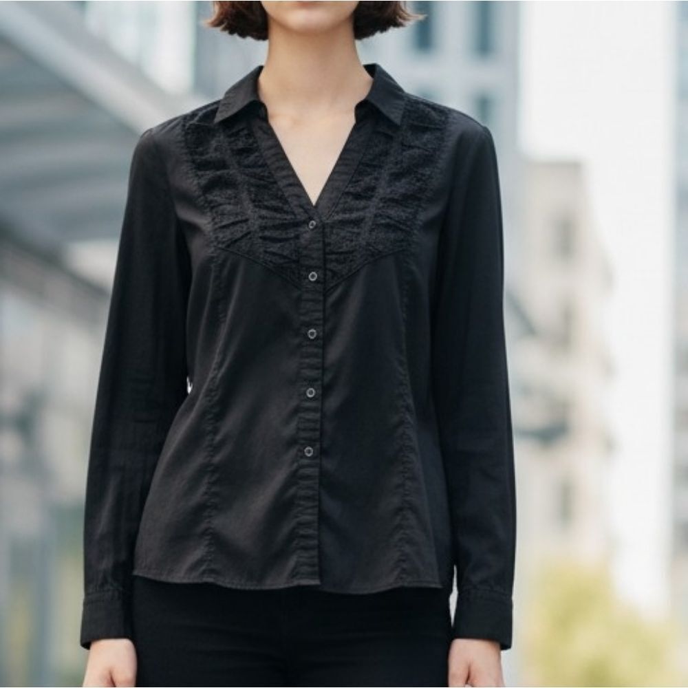 Jessica Fitted Black Lace Front Button Down Shirt